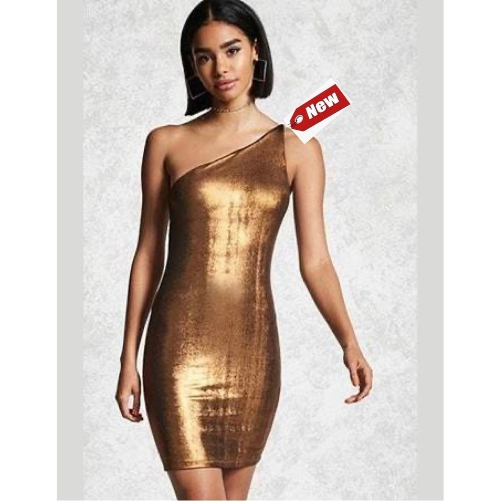 Forever 21 metallic bronze brown one shoulder mini dress bodycon Sz L NWT